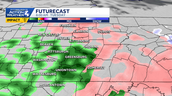 freezing rain is possible as we start tuesday. the best chances to see freezing rain are the laurel highlands and north of interstate 80.