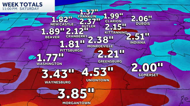 week total rainfall of one to three inches is expected with locally higher amounts, especially south of pittsburgh.﻿