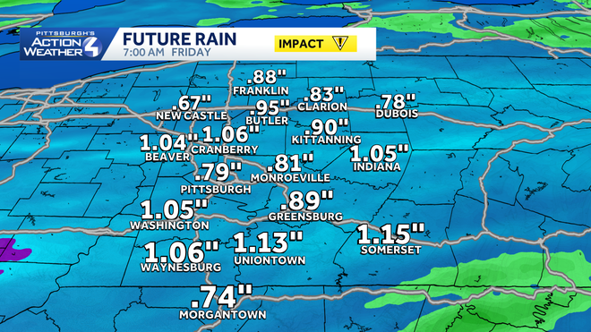 heavy rain through friday morning means one to two inches of rain is possible, especially south of pittsburgh.