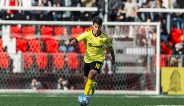 Pittsburgh Riverhounds defender Beto Ydrach dribbles forward in the team's 3-2 win over Loudoun United FC on March 14, 2026 at Segra Field in Leesburg, Va. (Photo: Mallory Neil/Riverhounds SC)