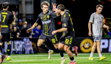 Charles Ahl celebrates his goal with Jackson Walti in the Pittsburgh Riverhounds' 2-1 win over Steel City FC in the U.S. Open Cup on March 25, 2026 at Highmark Stadium in Pittsburgh. (Photo: Chris Cowger/Riverhounds SC)