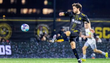 Bradley Sample volleys the ball forward in the Pittsburgh Riverhounds' U.S. Open Cup win over Steel City FC on March 25, 2026 at Highmark Stadium in Pittsburgh. (Photo: Chris Cowger/Riverhounds SC)
