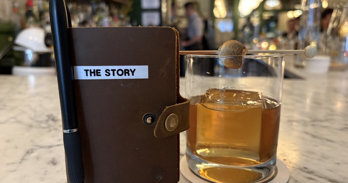 Forsythia happy hour cocktail comes with a novel garnish — an ongoing, crowd-sourced story