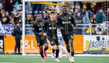 Albert Dikwa celebrates his first goal in the Pittsburgh Riverhounds' 3-2 win over Sporting Club Jacksonville on March 28, 2026 at Highmark Stadium in Pittsburgh. (Photo: Chris Cowger/Riverhounds SC)