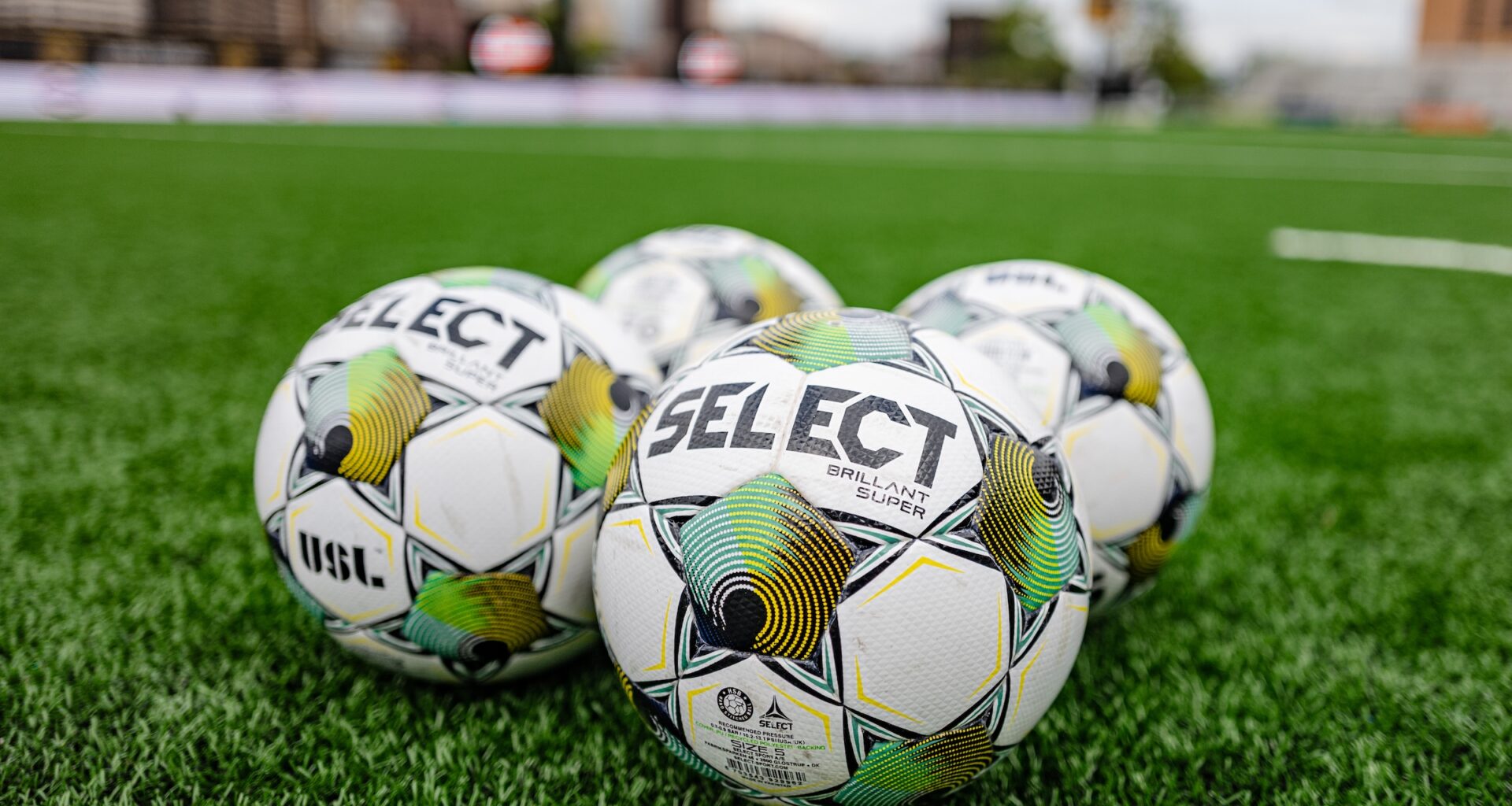 Select soccer balls on the turf at Highmark Stadium, Pittsburgh.