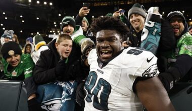 Jordan Davis celebrates with Philadelphia Eagles fans after beating the Packers in November