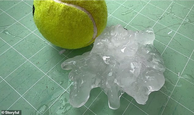 Giant hail is expected in several US states. Pictured is hail in Kankakee County, Indiana on Tuesday
