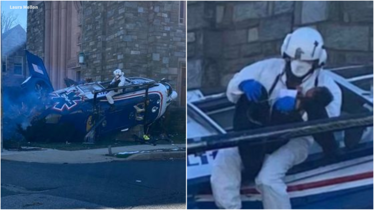 Laura Mellon captured these images of the aftermath of a helicopter crash that injured three people including an infant in Drexel Hill, Pa. on Jan. 11, 2022.