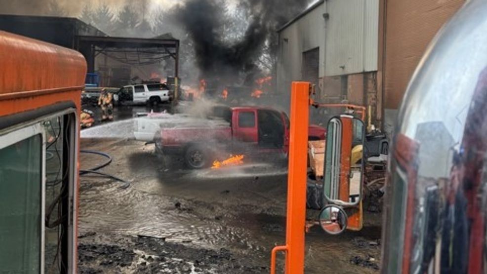 Scene of the fire at J&K Salvage in York County, which dispatchers said broke out just before 2 p.m. Feb. 25, 2026, in the 1000 block of Kings Mill Road. (Courtesy of York County PA Office of Emergency Management)
