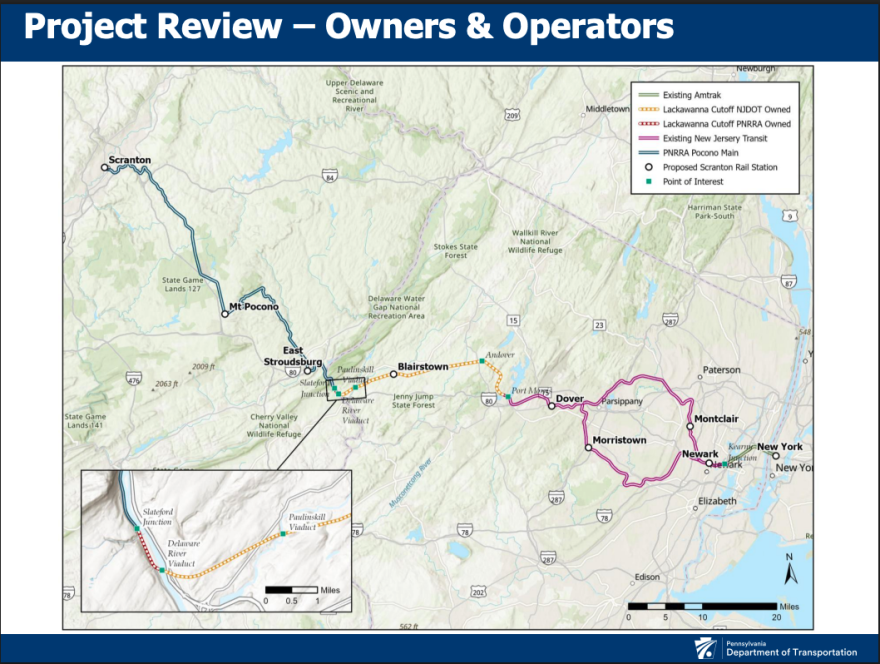 This map shows the two potential routes of a proposed Scranton-to-New York City Amtrak passenger train. State and federal officials hosted a webinar Feb. 19, 2026, to recap progress on a plan to develop the service and allow the public to weigh in.