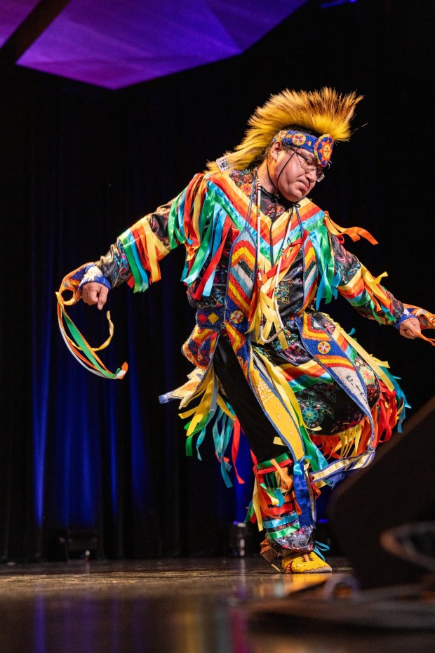 Delwin Fiddler Jr. during a performance of "The White Buffalo." (Courtesy of KU Presents!)