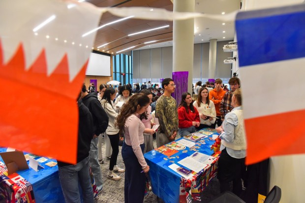 Area high school students take an intermission to learn about different languages during World Languages Day in the University of Scranton's Leahy Hall Thursday , March 5, 2026. (SEAN MCKEAG / STAFF PHOTOGRAPHER)