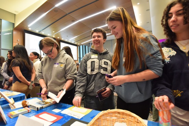 Valley View juniors Matt Biondo and Alexa Sweeney, center, learn about the German language during World Languages Day in the school's Leahy Hall Thursday , March 5, 2026. (SEAN MCKEAG / STAFF PHOTOGRAPHER)