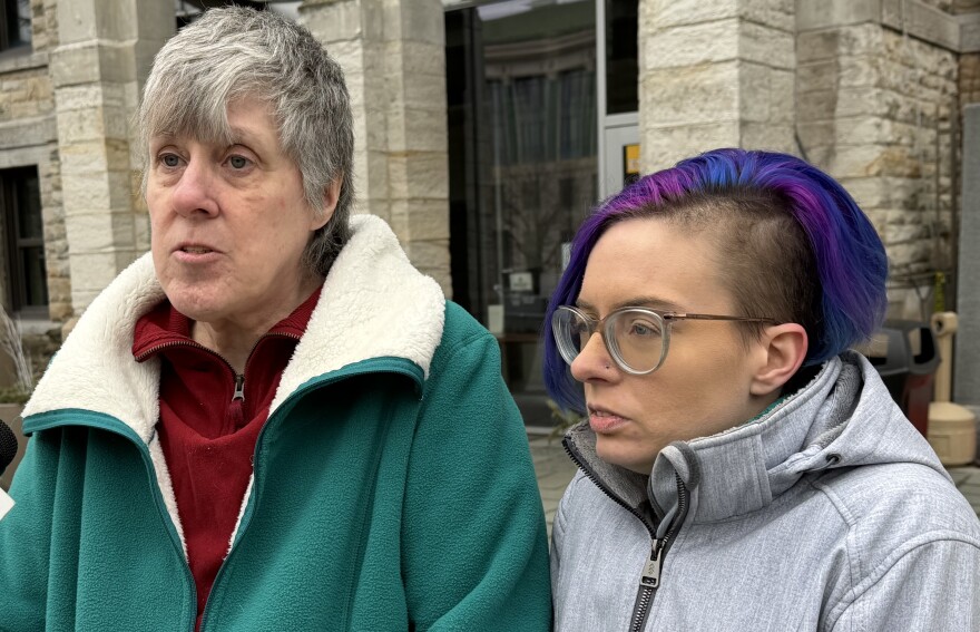 Doreen McGuire, left, and Marissa Dankulich talk to reporters outside the Lackawanna County Courthouse on March 6, 2026. They spoke about their relative Marilyn Waller surviving a brutal machete attack Dec. 9, 2025 in Scranton. Waller is McGuire's sister and Dankulich's mother.