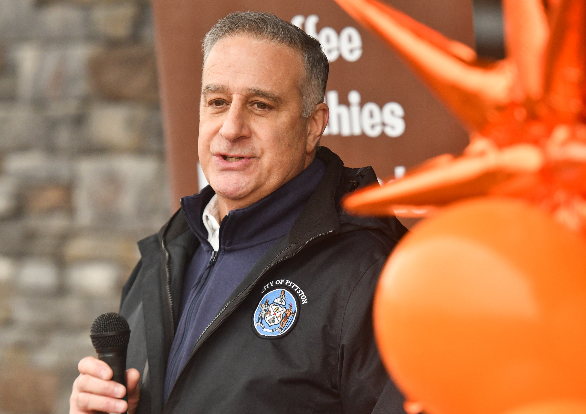 Pittston Mayor Mike Lombardo speaks during the event at Coffee...