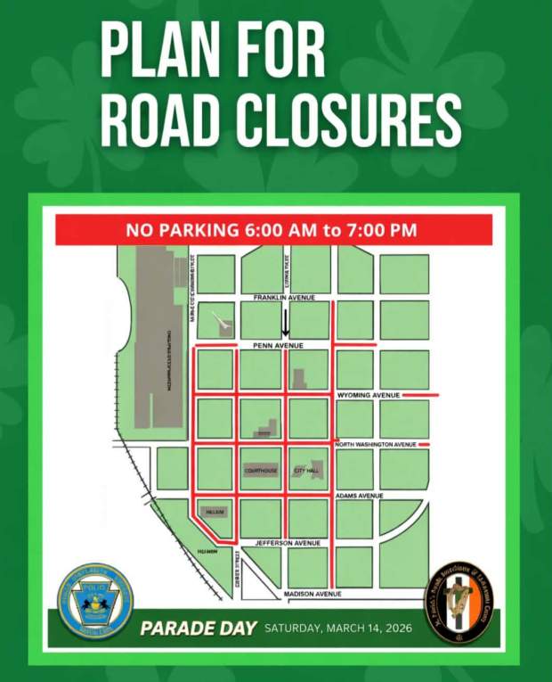 Scranton St. Patrick's Day parade road closures. (SUBMITTED)