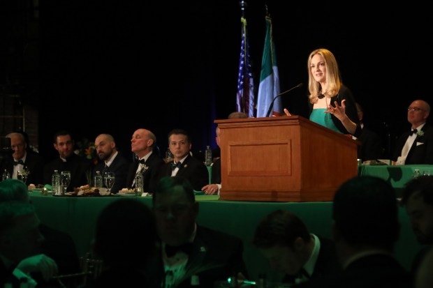 Mayor Paige Gebhardt Cognetti speaks during the Friendly Sons of St. Patrick dinner at the Scranton Cultural Center in Scranton on Friday, March 13, 2026. (REBECCA PARTICKA/STAFF PHOTOGRAPHER)