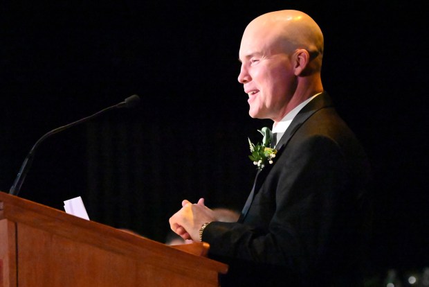State Sen. Marty Flynn speaks during the Friendly Sons of St. Patrick dinner at the Scranton Cultural Center in Scranton on Friday, March 13, 2026. (REBECCA PARTICKA/STAFF PHOTOGRAPHER)