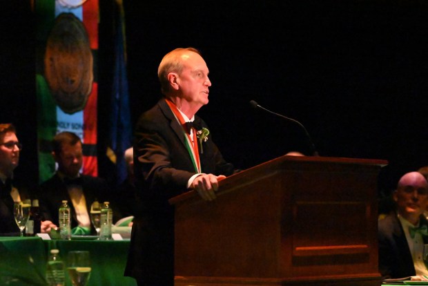 Friendly Sons of St. Patrick President Michael Brown introduces speakers during the organization's dinner at the Scranton Cultural Center in Scranton on Friday, March 13, 2026. (REBECCA PARTICKA/STAFF PHOTOGRAPHER)