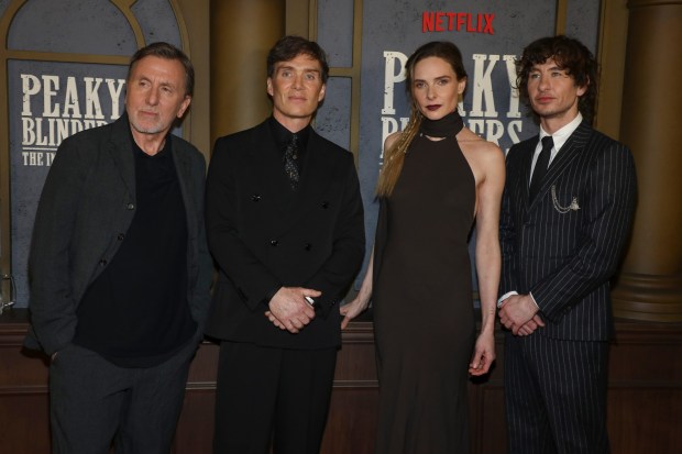 Stars, from left, Tim Roth, Cillian Murphy, Rebecca Ferguson and Barry Keoghan attend the premiere of "Peaky Blinders: The Immortal Man." (Photo by Andy Kropa/Invision/AP)