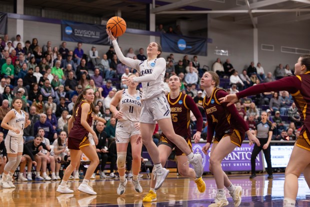 The University of Scranton's Kaeli Romanowski shoots in the paint against Concordia-Moorhead in an NCAA Division III women's basketball sectional final at the John Long Center in Scranton on Saturday, March 14, 2026. (VIN RINELLA / UNIVERSITY OF SCRANTON).