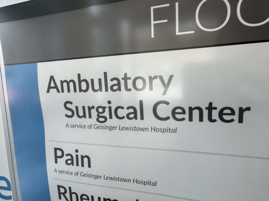 This signage at the entrance of Geisinger Healthplex State College lists the name of the available services, with text underneath reading "A service of Geisinger Lewistown Hospital." This is one of the ways Geisinger says it informs patients of hospital-based billing, along with pamphlets on site and cost estimates if a patient asks for one ahead of time. 