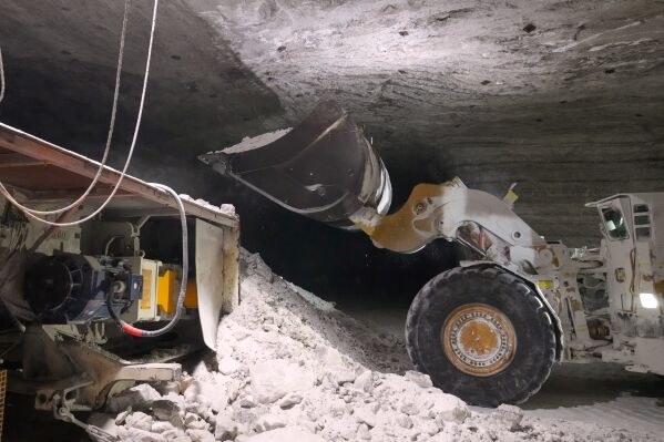 The salt, formed 440 million years ago, is mucked up and loaded onto a conveyor belt 1,800 feet below Lake Erie in Cleveland, Ohio, Thursday, March 19, 2026. (AP Photo/Sue Ogrocki)