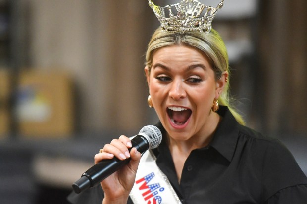 Miss Pennsylvania 2025 Victoria Vespico interacts with Pre-K students during a visit to the Agency for Community EmPOWERment of NEPA Monday, March 23, 2026. (SEAN MCKEAG / STAFF PHOTOGRAPHER)
