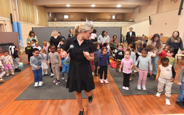 Miss Pennsylvania 2025 Victoria Vespico teaches a dance to Pre-K students during a visit to the Agency for Community EmPOWERment of NEPA Monday, March 23, 2026. (SEAN MCKEAG / STAFF PHOTOGRAPHER)