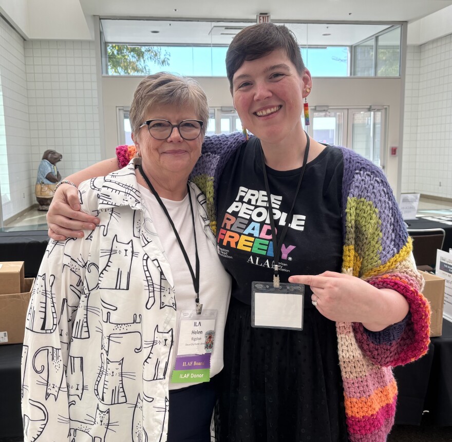 Sioux City Public Library Director Helen Rigdon and American Library Association President Sam Helmick, of Iowa City, attended the Iowa Library Association conference at the Sioux City Convention Center on October 2, 2025. (Bret Hayworth, Siouxland Public Media News)