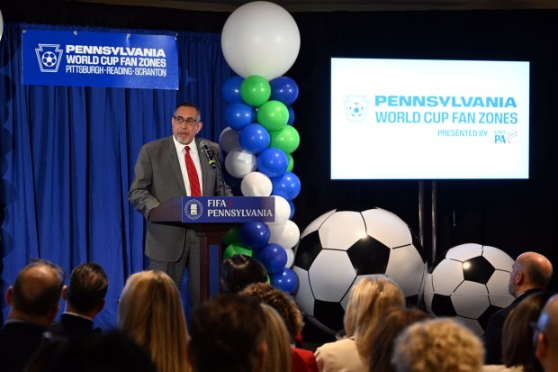 Reading Mayor Eddie Moran speaks during a press conference announcing Pennsylvania World Cup Fan Zones in Pittsburgh, Reading and Scranton on Thursday, March 26, 2026, at the DoubleTree by Hilton, 701 Penn St. (BILL UHRICH/READING EAGLE)