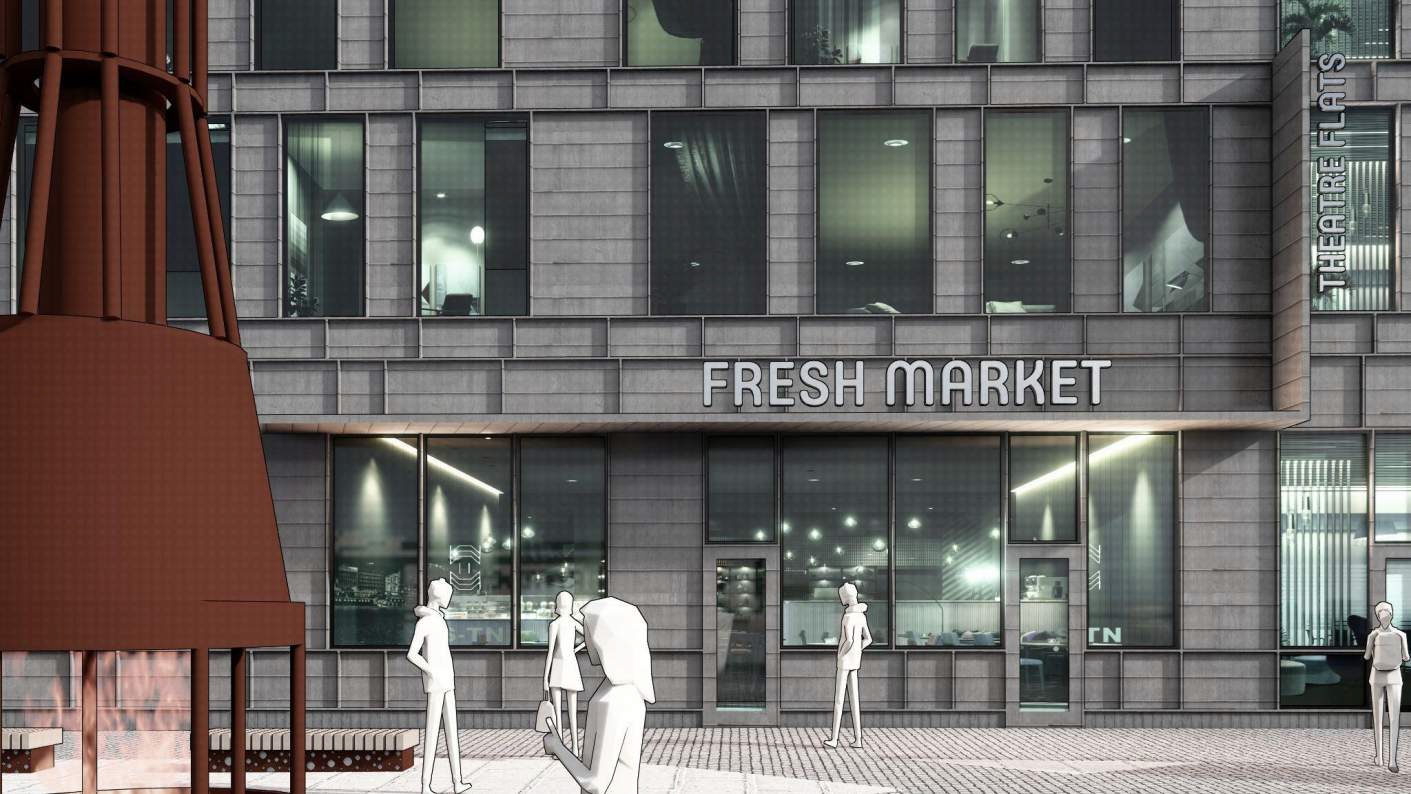 Renderings show plans for future development of a park, theater...