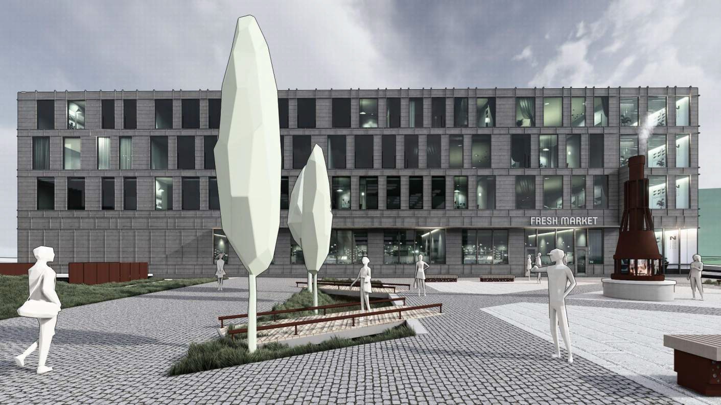 Renderings show plans for future development of a park, theater...