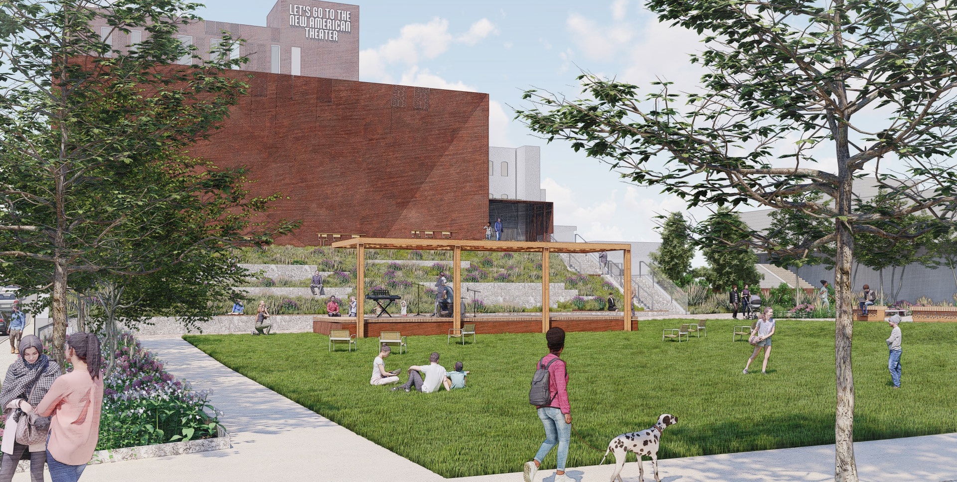 Renderings show plans for future development of a park, theater...