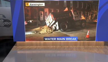Philadelphia Water Department truck falls through part of road after water main break in Kensington