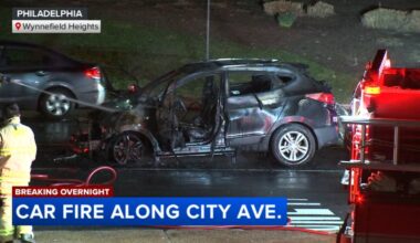 Car consumed by fire along City Avenue in Philadelphia's Wynnefield Heights neighborhood