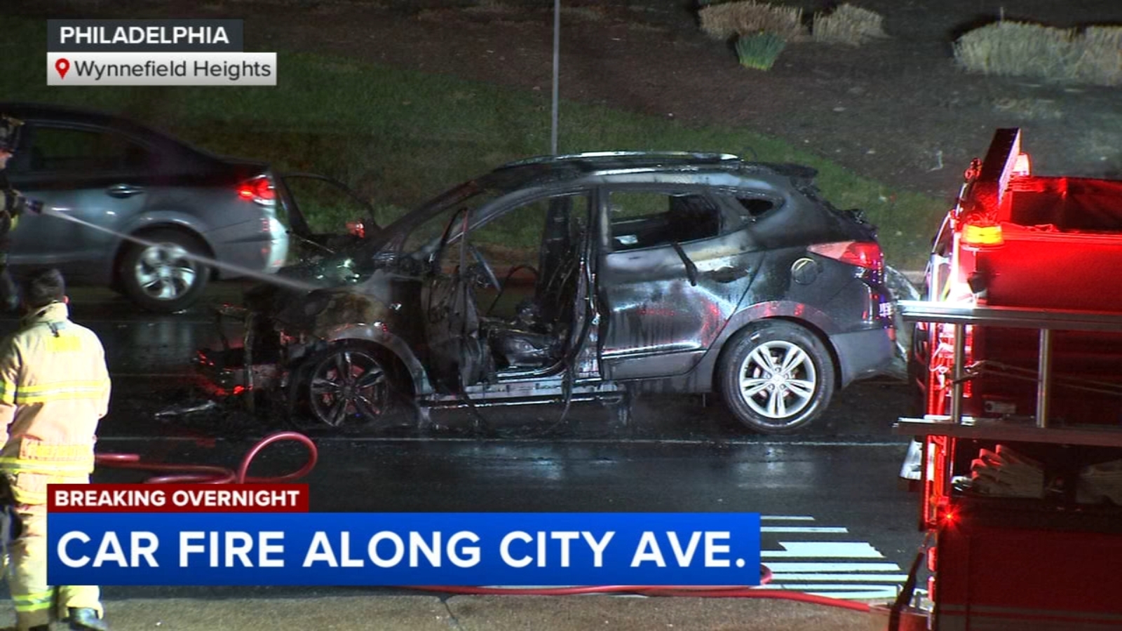 Car consumed by fire along City Avenue in Philadelphia's Wynnefield Heights neighborhood