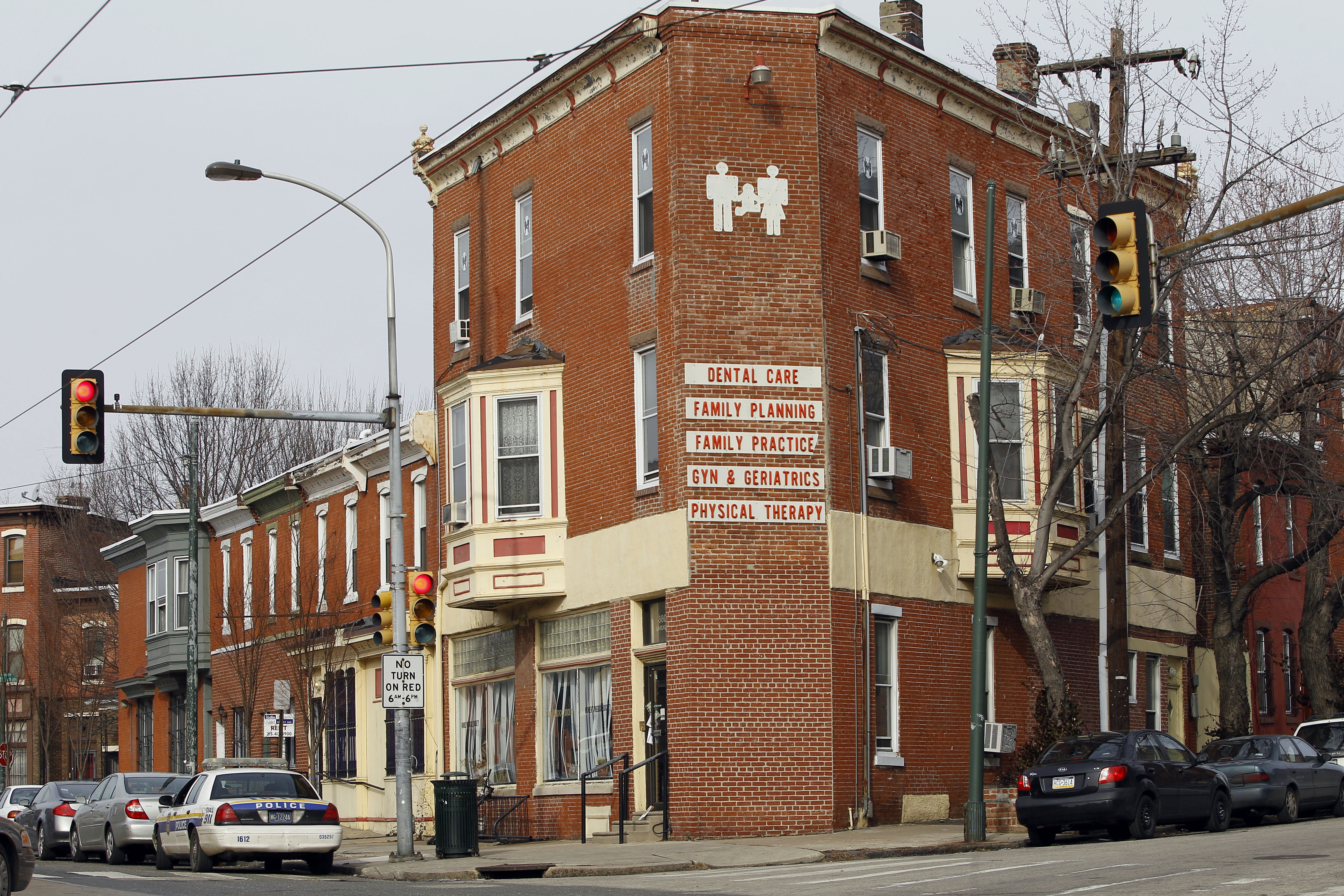 A police car is seen posted outside the Women's Medical Society in Philadelphia, Thursday, Jan. 20, 2011. Abortion doctor Kermit Gosnell was charged Wednesday Jan. 19, 2011.