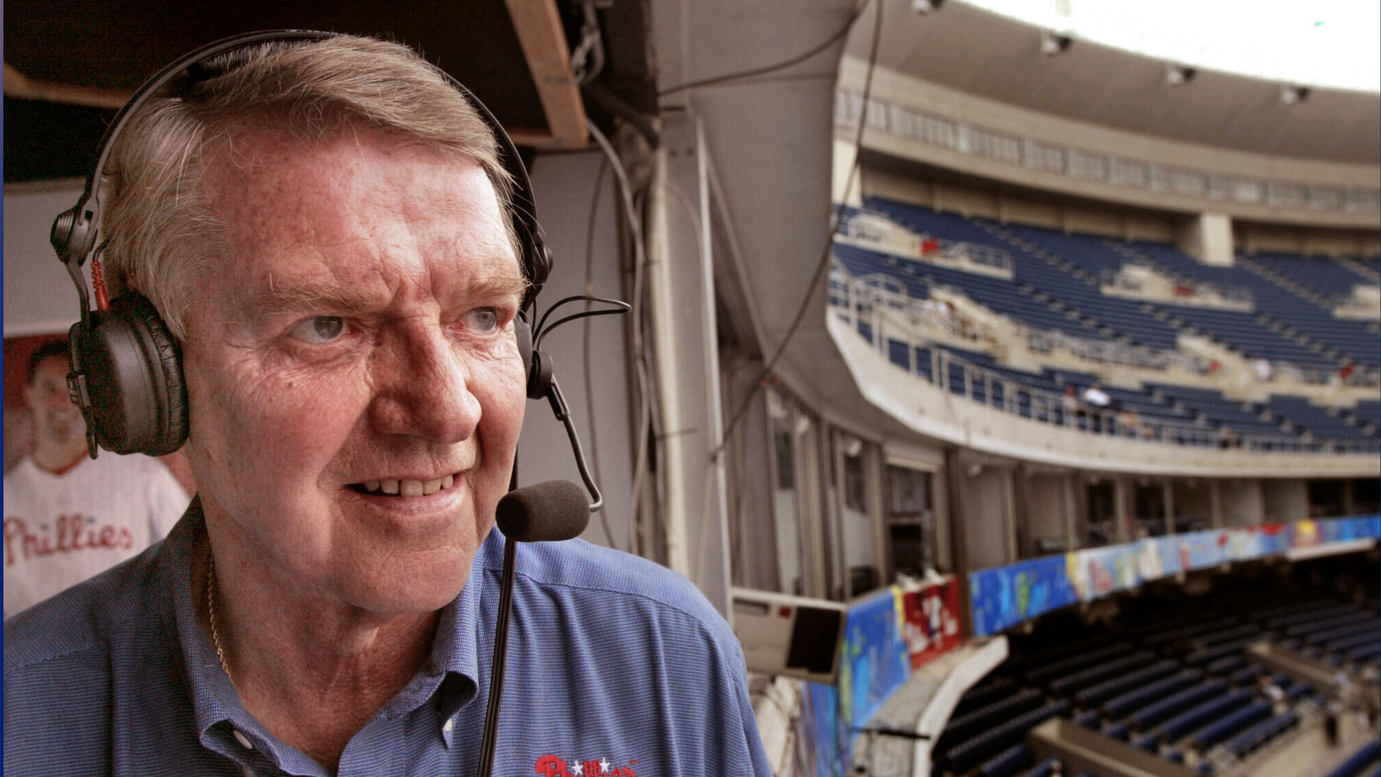 FILE -Philadelphia Phillies announcer Harry Kalas looks out over Veterans Stadium in Philadelphia before the start of the New York Mets-Phillies game.