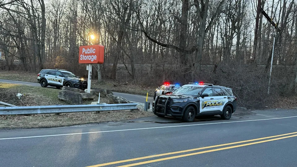Police cars parked outside storage facility.