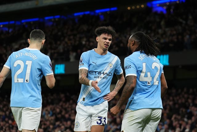 Manchester City’s Nico O’Reilly celebrates scoring a goal