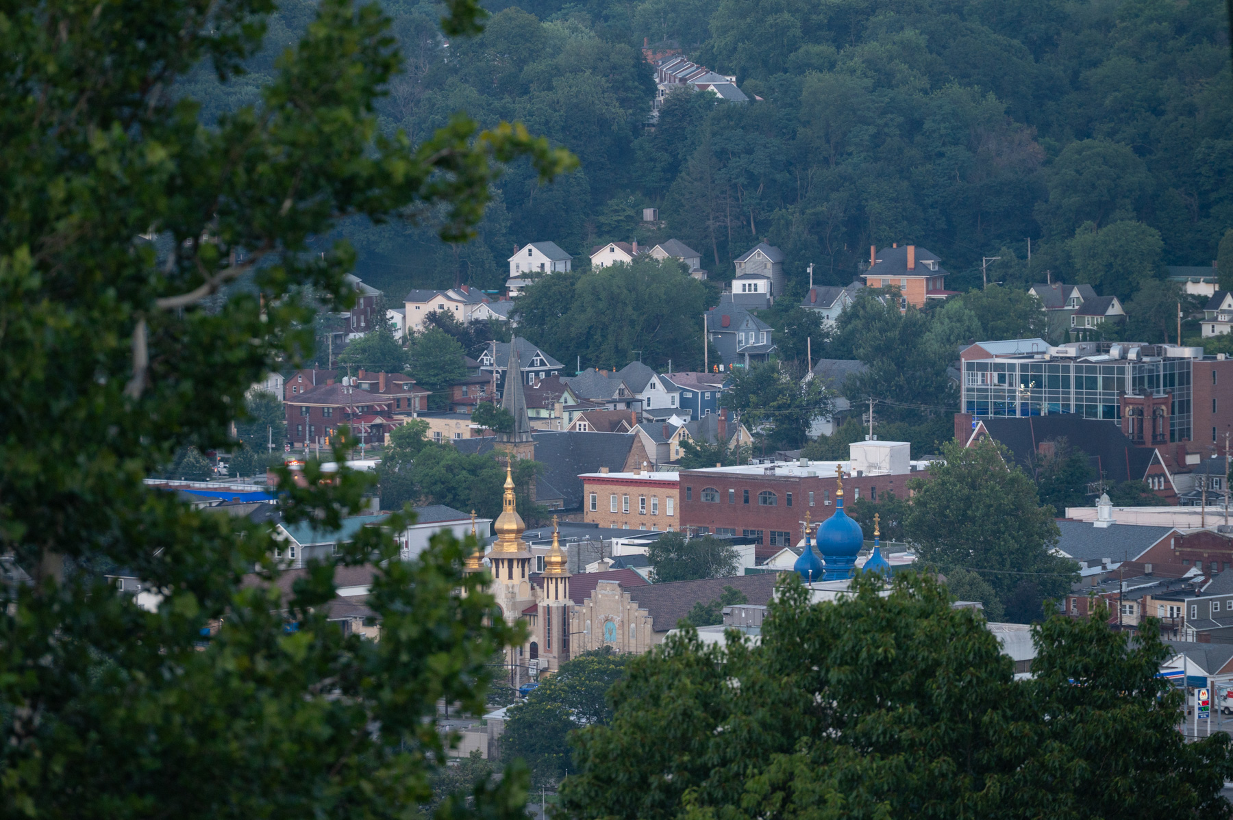 A view of a small town with houses, trees, a gold-domed church, a blue-domed building, and hilly, forested terrain in the background.