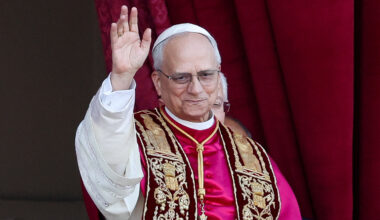 Newly elected Pope Leo XIV, Cardinal Robert Prevost of the United States, appears on the balcony of St. Peter