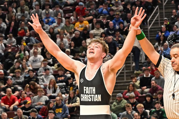 Faith Christian Academy's Adam Waters became the 15th four-time gold medal winner in PIAA history on Saturday after a 4-1 decision in the 189-pound final. The Ohio State commit was 166-7 in his career. (Photo by Joe Evans/JoeEvansPictures.com)