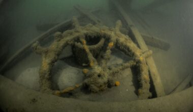 Wheel of the&nbsp;Clough&nbsp;found sitting on the deck in the stern of the vessel.&nbsp;
