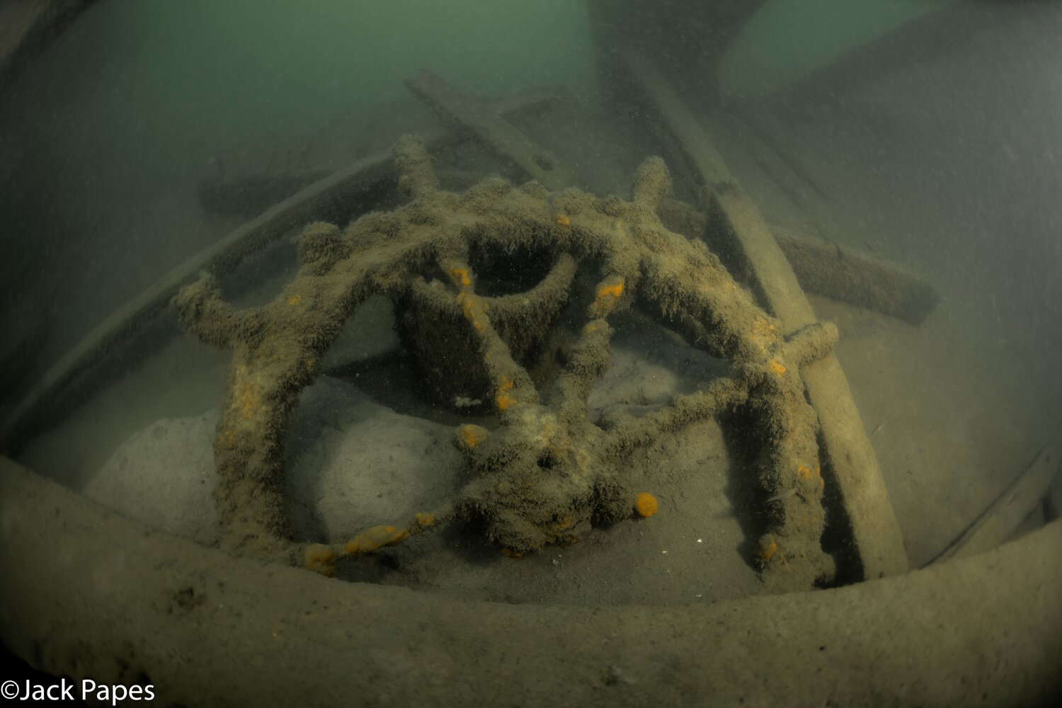 Wheel of the&nbsp;Clough&nbsp;found sitting on the deck in the stern of the vessel.&nbsp;