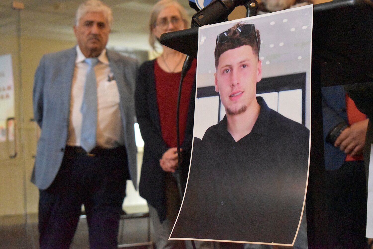 A photograph of Nasrallah Abu Siyam is shown during a news conference Thursday, March 5, 2026, at the Friends Center in Center City.