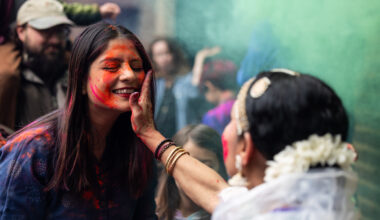 Bright color powder throwing is the culmination of the Holi celebration during CultureFest! at the Penn Museum.