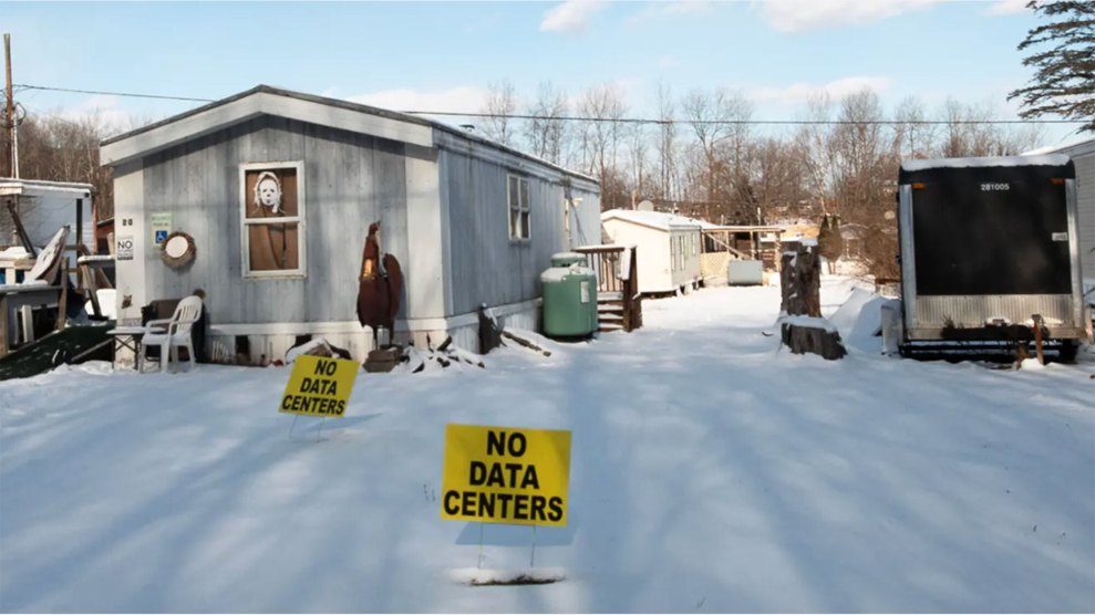 A “no data centers” sign sits in front of snow-covered home.