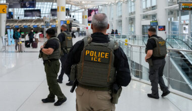 Immigration and Customs Enforcement (ICE) agents patrol at John F. Kennedy International Airport, New York City, March 23, 2026. Hundreds of Immigration and Customs Enforcement agents were ordered to deploy to airports to help fill TSA staffing gaps across the country.